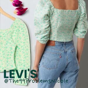Levis Green Floral Puff Shoulder Crop Top